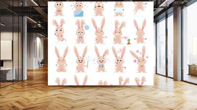 Cute bunny doing different actions cartoon illustration set. Pretty Easter bunny with carrot expressing various emotions on white background. Rabbit working, smiling, running, crying. Animal concept Wall mural