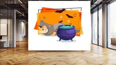 Cute kitten character in shark costume near cauldron with potion vector illustration. Flying bats and stars on background. Halloween, pet, magic concept. Can be used for banner or invitation design Wall mural