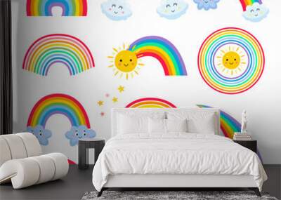 Different shapes of rainbow vector illustrations set. Cute cloud and sun cartoon characters, stars, childish stickers, patches or badges isolated on white background. Weather, nature, summer concept Wall mural