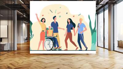 Disabled people help and diversity. Handicapped people with cane and in wheelchair meeting with friends or volunteers. Vector illustration for disability, assistance, diverse society concept Wall mural