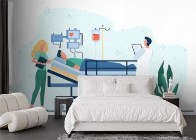 Doctor and nurse giving medical care to patient in bed isolated flat vector illustration. Cartoon medicine specialists giving support for man. Intensive therapy and healthcare concept Wall mural