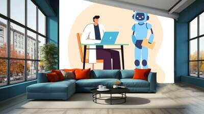 Doctor or scientist at computer desk talking to robot assistant. Robotic character next to man working at laptop flat vector illustration. Artificial intelligence, workforce concept for banner Wall mural