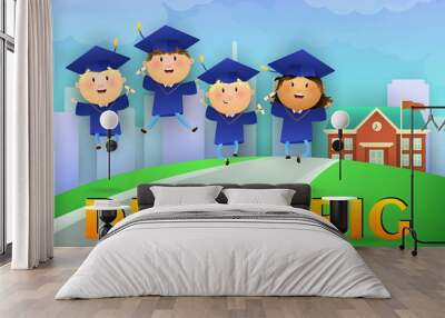 Dream Big graduation poster design. Happy graduates in hats and gowns, road to school, grass, and city in background. Illustration can be used for banners, flyer, celebrating Wall mural