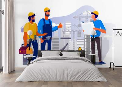 Engineers team discussing issues at construction site flat vector illustration. Foreman looking at construction project plan. Building and engineering concept. Machinery and crane on background Wall mural