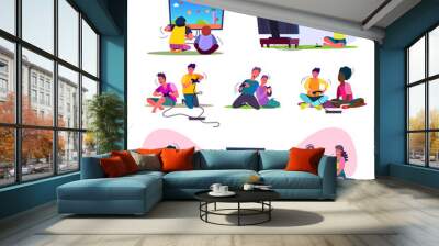 Excited video gamers set. Teenagers playing videogames, sitting at TV, using console, controller, gamepad, shouting. People concept. Vector illustration posters, presentation slides, web design Wall mural