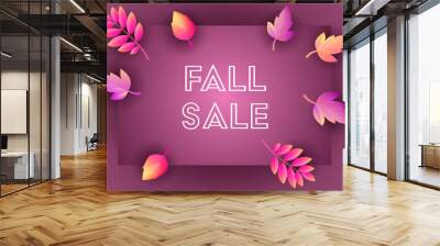 Fall Sale flyer design with pink and purple leaves. Text on card with autumn foliage on maroon background. Vector illustration can be used for retail banners, posters, leaflets Wall mural