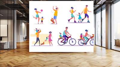 Family outdoor activities set. Parents and children cycling, playing ball, roller skating. People concept. Vector illustration for topics like leisure, movement, active lifestyle Wall mural