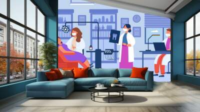 Female cartoon patient visiting dentist clinic. Woman on chair getting dental treatment flat vector illustration. Dental hygiene, healthcare concept for banner, website design or landing web page Wall mural