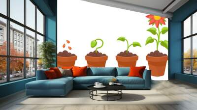 Flower growth stages set. Vector illustrations of sowing plant in soil in spring. Cartoon plant life cycle, phases from seed to sprout and bloom isolated on white. Cultivation, evolution concept Wall mural