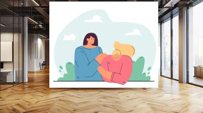 Friendship, help, empathy concept. Depressed unhappy person meeting with friend. Woman touching shoulder of her upset friend, giving comfort and listening to her Wall mural