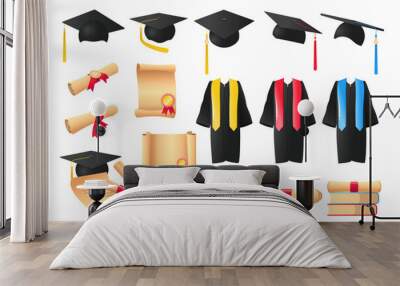 Graduation gown and diploma cartoon illustration set. Honors diploma, graduation clothing or uniform, hat or cap for students. Education, prom, university, ceremony, achievement concept Wall mural