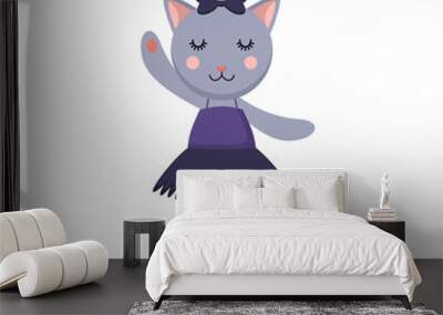 Gray cat cartoon character as ballerina in tutu skirt. Cute comic animal in dress dancing vector illustration. Ballet, fashion concept for kids or little girls Wall mural