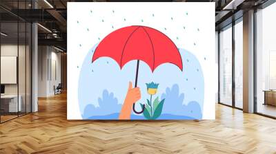 Hand holding umbrella over blue and yellow flower. People helping Ukraine, donating money, trying to stop war flat vector illustration. Support concept for banner, website design or landing web page Wall mural