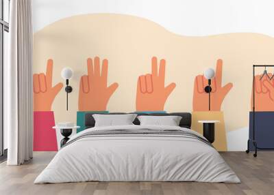 Hands of people showing numbers from one to four. Persons counting with fingers, hand gesture meaning love flat vector illustration. Sign language, education concept for banner or landing web page Wall mural