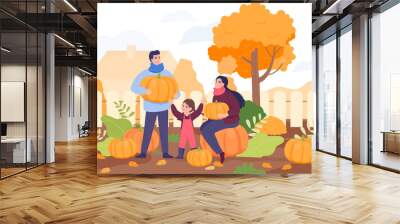 Happy family at pumpkin patch farm vector illustration. Cartoon drawing of mother, father and daughter during seasonal traditional gathering. Harvest, marketing, farming, autumn, Thanksgiving concept Wall mural