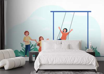 Happy kid swinging on swing. Children having fun on playground in park. Flat vector illustration. Childhood, outdoor activities, vacation concept for banner, website design or landing web page Wall mural