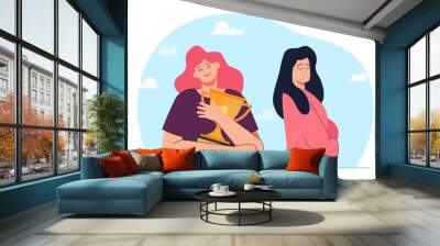 Happy winner hugging trophy and rival crying. Woman jealous and sad of girl winning competition or contest flat vector illustration. Victory, disappointment, envy, emotions concept for banner Wall mural