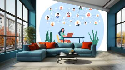 Happy woman chatting with friends online. Laptop, social media, desk flat vector illustration. Network and communication concept for banner, website design or landing web page Wall mural