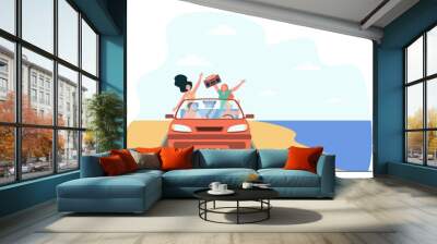 Happy young people riding on beach in car. Sea, vehicle, recorder flat vector illustration. Vacation and holiday concept for banner, website design or landing web page Wall mural