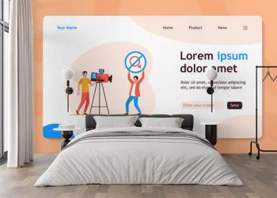 Influencer or activist showing no woman allowed sign at camera. Sexist, cameraman. Flat vector illustration. Gender discrimination concept for banner, website design or landing web page Wall mural