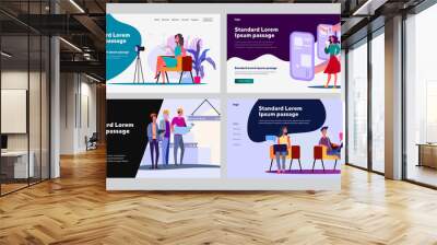 Job communications set. Vlogger speaking for camera, laptop users talking, builders group. Flat vector illustrations. Work, professionals concept for banner, website design or landing web page Wall mural