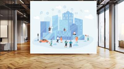 Modern city with buildings and tiny people using internet. Urban metropolis skyline with computer infrastructure, communication and persons flat vector illustration. Smart future technology concept Wall mural