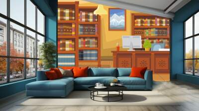 Modern library with bookshelf vector illustration. Librarians desk with desktop computer. Interior illustration Wall mural