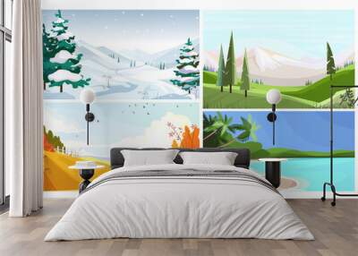 Seasonal resorts flat vector illustration set. Countryside, beach, mountains. Tourism and nature concept Wall mural