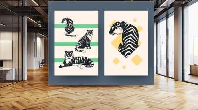 Set of contemporary art posters with active tiger. Vector illustration. Collection of running, sitting, lying tiger in flat design. Africa, animal, wildlife, cat, jungle concept for media design Wall mural