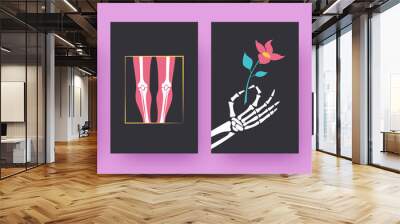 Set of contemporary posters with floral human skeleton parts. Ribcage, hand holding flower, skull vector illustrations, black background. Anatomy concept for designs, social media, postcards Wall mural