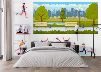 Set of sporty people training. Flat illustrations of citizens running, practicing yoga, stretching and skating. Sport concept for banner, website design or landing web page Wall mural