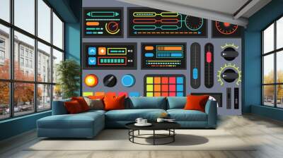 Switches and buttons on control panel vector illustrations set. Retro control console or terminal elements, dials and knobs on dashboard, system monitor or display. Technology, equipment concept Wall mural