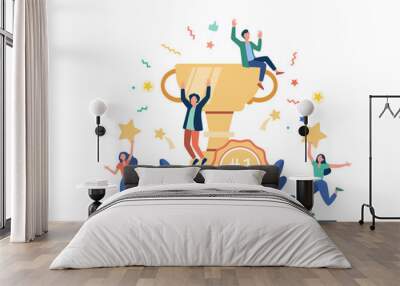 Team of happy employees winning award and celebrating success. Business people enjoying victory, getting gold cup trophy. Vector illustration for reward, prize, champions concepts Wall mural