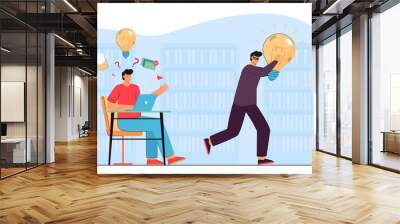 Thief or pirate stealing creative idea from man in library. Infringement of copyright, content theft flat vector illustration. Copyright, content piracy, plagiarism concept for banner, website design Wall mural