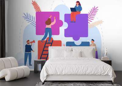 Tiny business persons working on jigsaw puzzle together. Metaphor for cooperation or partnership, collaboration between team of people flat vector illustration. Communication, teamwork concept Wall mural