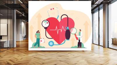 tiny cardiology doctor and nurse examining heart, blood pressure, prescribing treatment. medical car Wall mural