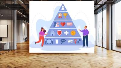 Tiny people with Maslow hierarchy flat vector illustration. Pyramid or triangle with psychological, safety, love, esteem and self-actualization color levels. Basic needs, sociology, growth concept Wall mural