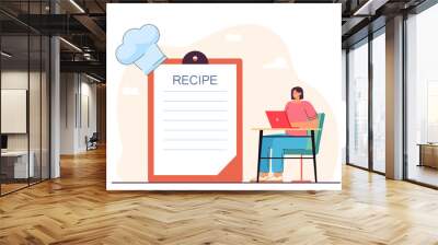 Tiny woman with laptop looking for cooking recipe online. Girl sitting near cookbook on clipboard and chef hat flat vector illustration. Culinary concept for banner, website design or landing web page Wall mural