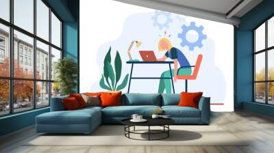 Tired exhausted woman working at laptop and feeling burnout. Vector illustration for overload, overwork, fatigue concept. Wall mural