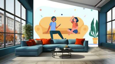 Two girls meeting at home and chatting. Friends, kids of different races flat vector illustration. Childhood, friendship, communication concept for banner, website design or landing web page Wall mural