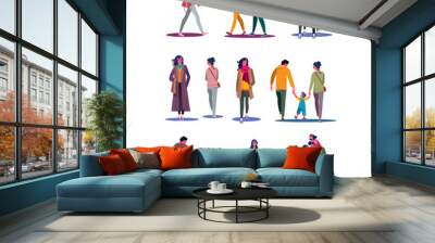 Walking people set. Men, women, couples, parents with kids walking. Flat vector illustrations. Moving, people outside concept for banner, website design or landing web page Wall mural