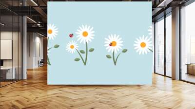 White camomiles and insects cartoon illustration set. Ladybug, butterfly and bumblebee or bee sitting, collecting nectar or pollinating daisy flowers. Spring, meadow, nature concept Wall mural