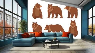 Wild brown bear cartoon character flat vector illustrations set. Collection of drawings of cute comic grizzly bear standing, sitting and walking isolated on white background. Wildlife, nature concept Wall mural