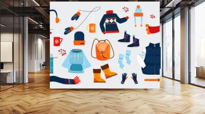 Winter clothes icons. Simple icons collection on grey background. Winter concept. Sweater, coat, hat. Illustrations can be used for topics like winter, holiday, clothes Wall mural