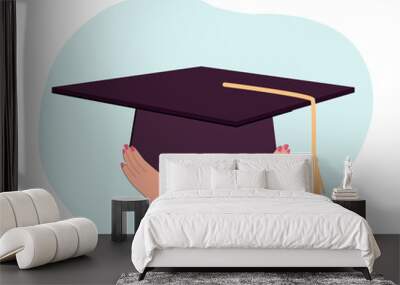 Womans hands holding mortarboard. Graduating students hands with academic cap flat vector illustration. Education, university, graduation concept for banner, website design or landing web page Wall mural