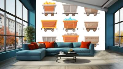 Wooden or metal carts or trolleys vector illustrations set. Cartoon drawings of mine carts with gold, crystals and stones or coal isolated on white background. Mining industry concept Wall mural