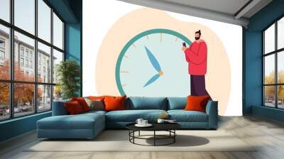 Worker or student with phone in front of big clock. Man planning day using mobile application flat vector illustration. Time management concept for banner, website design or landing web page Wall mural