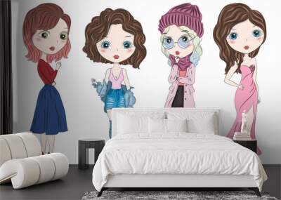 Set of hand drawn beautiful cute fashion girls on white background. Cartoon fashionable girls. Cartoon character. Vector illustration. Wall mural