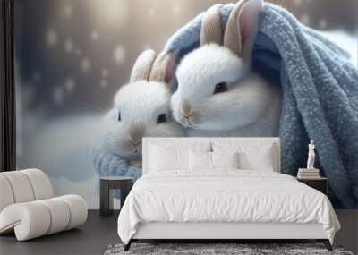 two tiny and cute snow bunnies are cuddling. Generative AI Wall mural