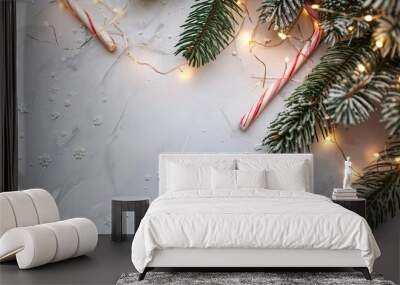 Christmas candies with winter decoration, top view background Wall mural